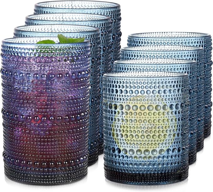 Blue Hobnail Drinking Glasses Set of 8, 15 oz Vintage Highball Glassess & 12 oz by JPPSUJJ
