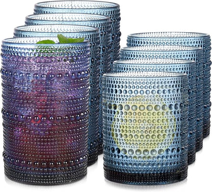Blue Hobnail Drinking Glasses Set of 8, 15 oz Vintage Highball Glassess & 12 oz by JPPSUJJ
