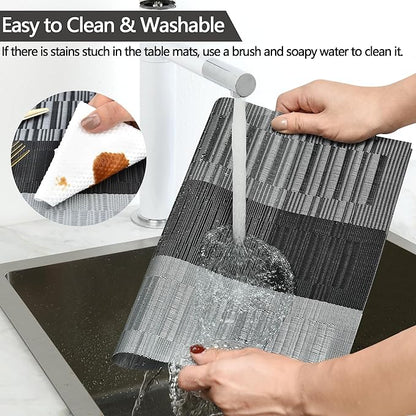 SLKQG Placemats Set of 8 - Easy Clean Washable Vinyl Placemats - Heat Resistant Placemats for Kitchen Table - PVC Table Mats for Dining Table (Black and Gray, 8)