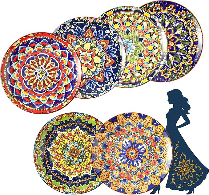 Colorful Ceramic Plate Set of 6 – 8.7 Inch Bohemian Porcelain Plates by AHX