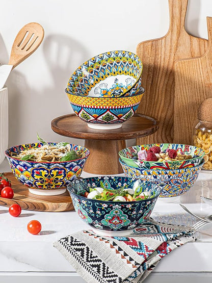 HENXFEN LEAD Boho Cereal and Soup Bowls Set of 6 – 24 oz Colorful Ceramic Bowl for Kitchen, Perfect for Oatmeal, Pasta, Salad, Dessert, Fruit – Microwave & Dishwasher Safe