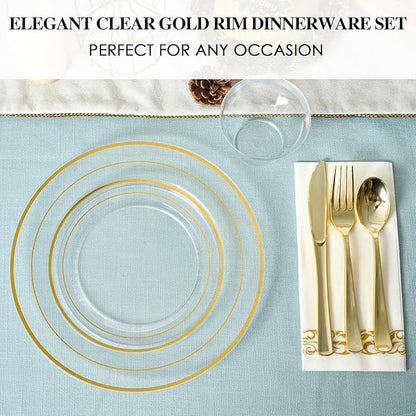 FOCUSLINE 350 Count Clear Dinnerware Set for 50 Guests- Clear Plastic Plates with Gold Rim, Includes Disposable 50 Dinner & Salad Plates, Cups, Napkins and Cutlery Set