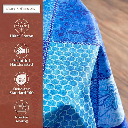 Maison d' Hermine Table Cloth Round Table 100% Cotton 63 Round Inches Tablecloth Reusable Decorative for Dining Room Farmhouse Home Valentines Day Decorations Spring Summer - Indigo Love