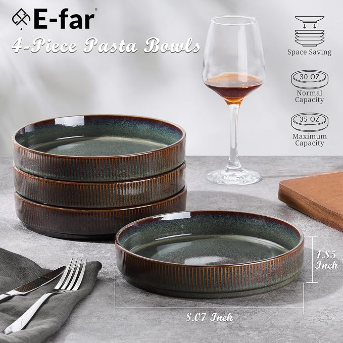 E-far Pasta Bowls Set of 4, 35oz Large Salad Bowl Plate - Image 2