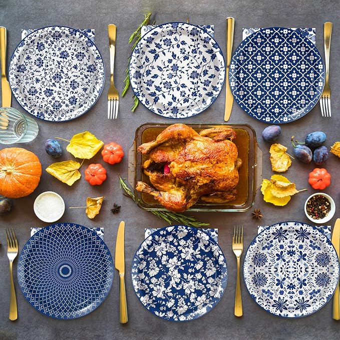 48 Pcs Blue and White Floral Party Paper Plates -7 Inch Disposable Vintage - Image 6