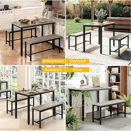 Sturdy Durable Dining Table Set for 4 with Bench, Easy to Assemble Kitchen Table with Bench, Space-Saving Ideal 4-Person Set for Daily Meals, brunches, or workspace,Grey