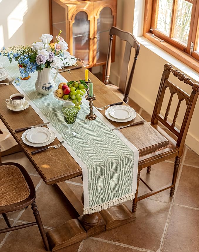 14x107 Geometric Table Runner Waterproof Boho Dresser Scarf Tassels | Planning - Image 6