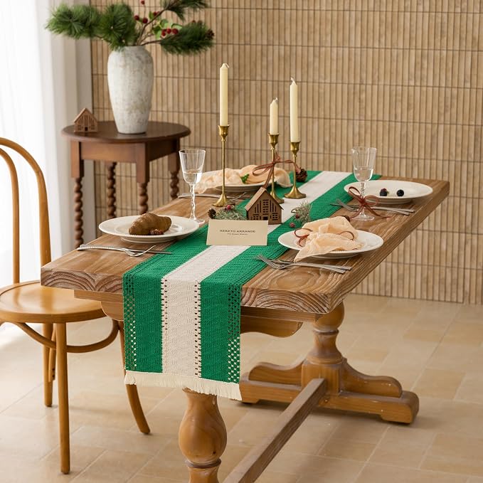 Keketoarrange Christmas Green Boho Table Runner 12x36 Inch | Woven Burlap - Image 3
