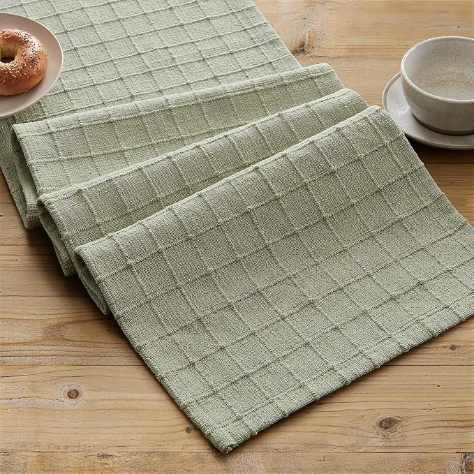 Artisanal Grid Linen Table Runner, 13x90 Inches Seeding Green | Heavy Textured - Image 2
