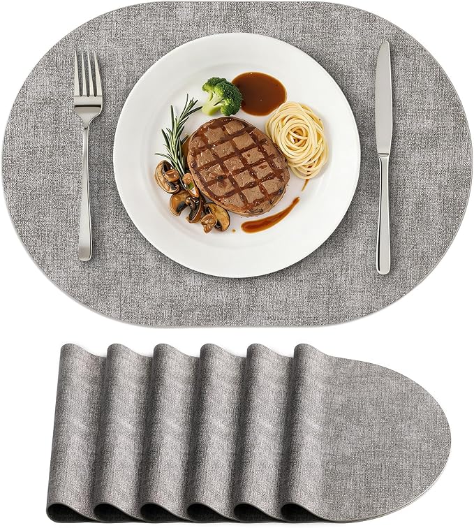 Placemats Set of 6, 11.8 x 17 Inch, Light Grey | Heat Resistant Oval Faux by homing