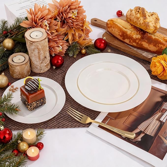 I00000 102 Pcs Ivory Plastic Plates, Disposable Party Plates Include 51 Ivory Dinner Plate 10’’ and 51 Plastic Dessert Plate 7’’ Perfect for Birthday, Party & Wedding