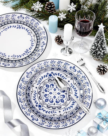 Hioasis 60pcs Blue Plastic Plates Set - Floral Blue & White Porcelain Design, 10.25" Dinner & 7.5" Dessert Plates Disposable for Wedding (Dishwasher Safe, Traditional Style)