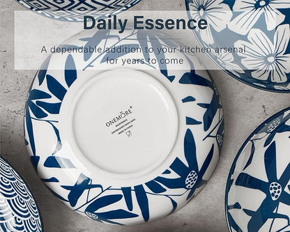 ONEMORE Ceramic Pasta Bowls Set of 4, 36 oz Salad Bowls, Large Kitchen Shallow Bowls Set-Vintage Blue Floral Pattern, Oven Microwave Dishwasher Safe, Scratch Resistant