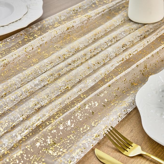 2Pcs Gold Table Runner 10FT Gauze Glitter Wedding Party Decorations | - Image 5