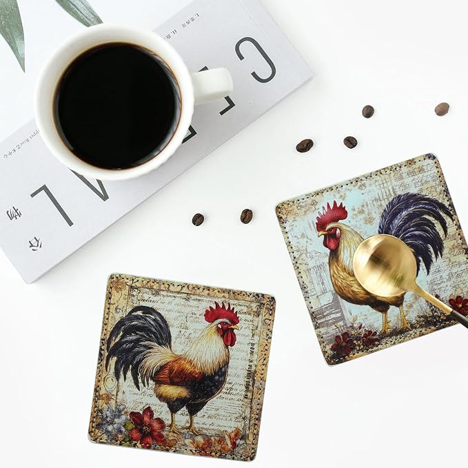 Rooster Coasters Square Leather Drinks Coaster Set - Image 6