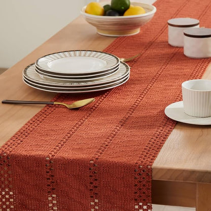 Macrame Style Boho Table Runner, 12x36 Inch Rust | Woven Boho Table Runner - Image 5