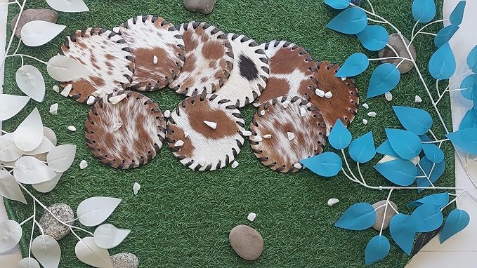 Cowhide Coasters Set of 6 pcs Round Natural Cowhides Drink Pads Hair On Genuine - Image 6