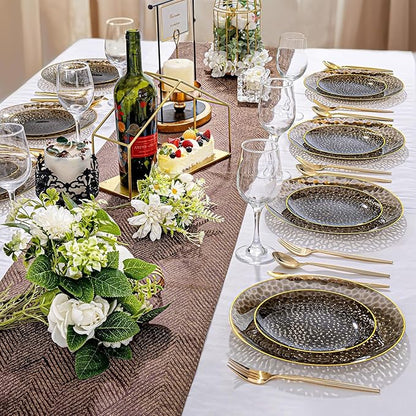 Rubtlamp 60Pcs Black Plastic Plates, Black Disposable Plates With Gold Rim, Clear Heavy-duty Party Plates, Hammered Plastic plates Include 30 Dessert Platos, 30 Dinner Platos for Party