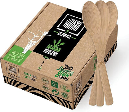 2ZEBRAZ Bamboo Cutlery Set – 100 Disposable Spoons | Reusable Smooth Flatware, Heavy-Duty Natural Utensils for Dining and Entertaining