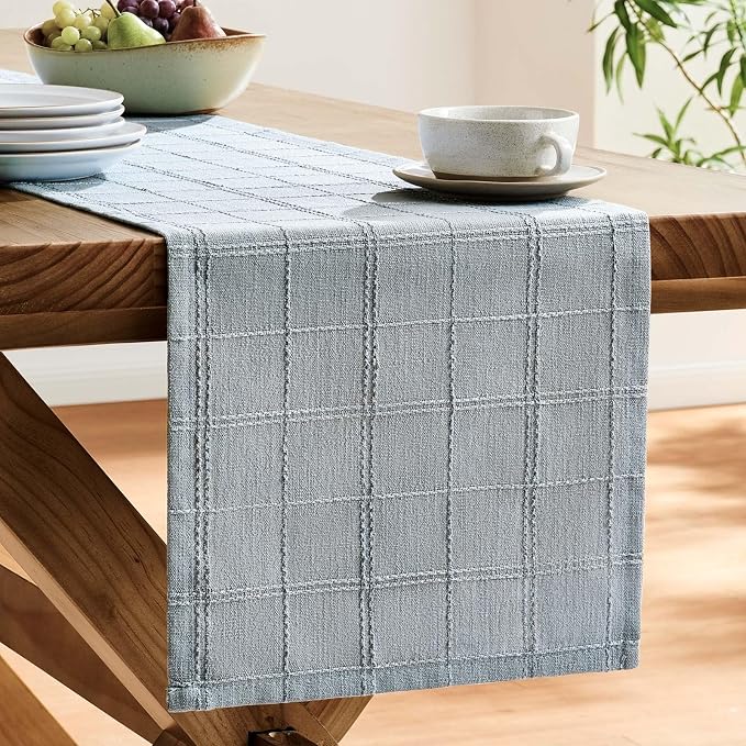 Linen Checked Farmhouse Table Runner, 13x90 Inches Chambray | Raised Grid Design - Image 4