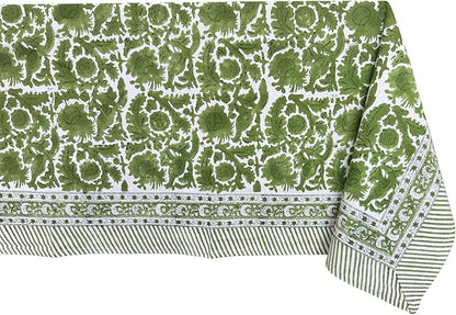 ATOSII Paradise Green 100% Cotton Rectangle Summer Tablecloth, Handblock Floral Print Linen Table Cloth for Kitchen Dining I Parties, Weddings, Outdoors, Decor 60 X 90 Inches