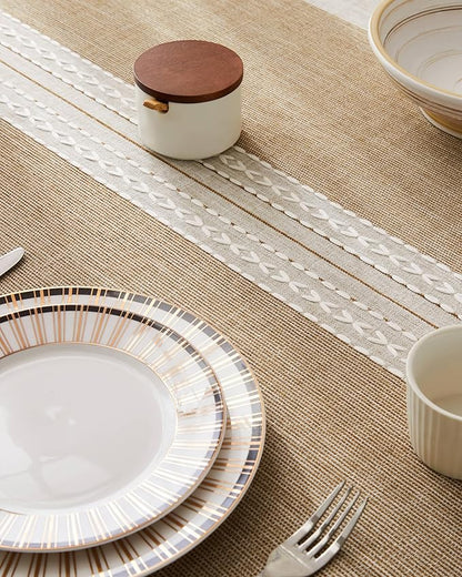 ZeeMart Contrast Linen Table Cloth Square Table Cloths 60x60 Inch Mid-Stripe Brown, Farmhouse Style Heavy Weight Beige Tablecloth, Water Resistant Burlap Tablecloths