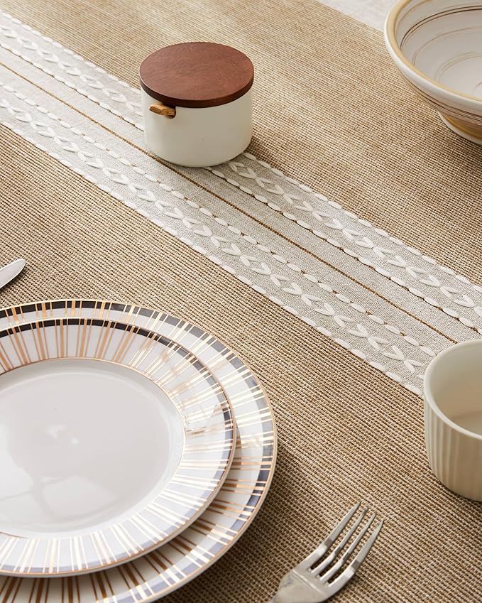 ZeeMart Contrast Linen Round Tablecloth 52 Inch Mid-Stripe Brown, Farmhouse Style Round Table Cloth Heavy Weight Beige Tablecloths, Water Resistant Burlap Table Cloths