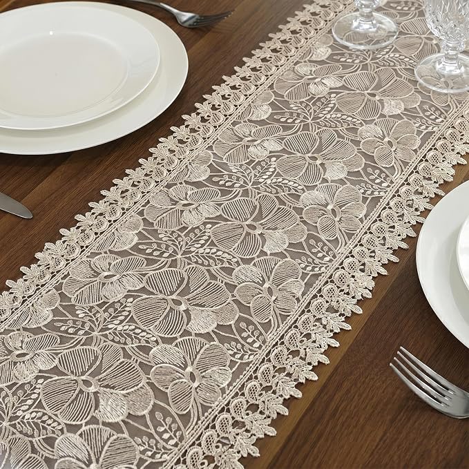 SIOLOC Champagne Lace Table Runner 14 x 72 Inch, Premium Embroidered Floral - Image 3