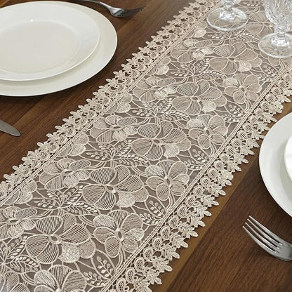 SIOLOC Champagne Lace Table Runner 14 x 72 Inch, Premium Embroidered Floral - Image 3