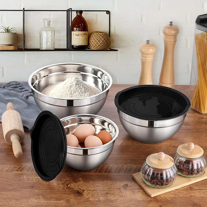 LIANYU Mixing Bowls with Lids Set of 3, Stainless Steel Nesting Metal Bowls | - Image 7