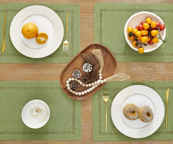 Farmhouse Burlap Hollow Placemats Set of 6, 12 x18 Inch Sage Green | Double - Image 2