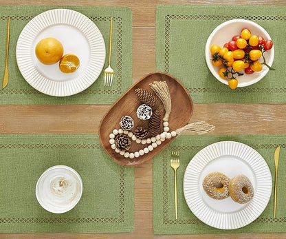 Farmhouse Burlap Hollow Placemats Set of 6, 12 x18 Inch Sage Green | Double - Image 2