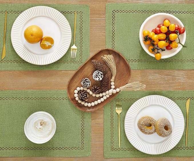 Farmhouse Burlap Hollow Placemats Set of 4, 12 x18 Inch Sage Green | Double - Image 2