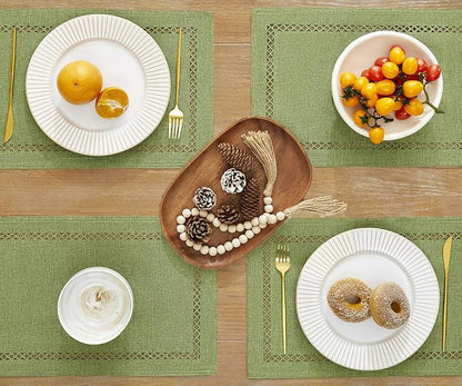 Farmhouse Burlap Hollow Placemats Set of 4, 12 x18 Inch Sage Green | Double - Image 2