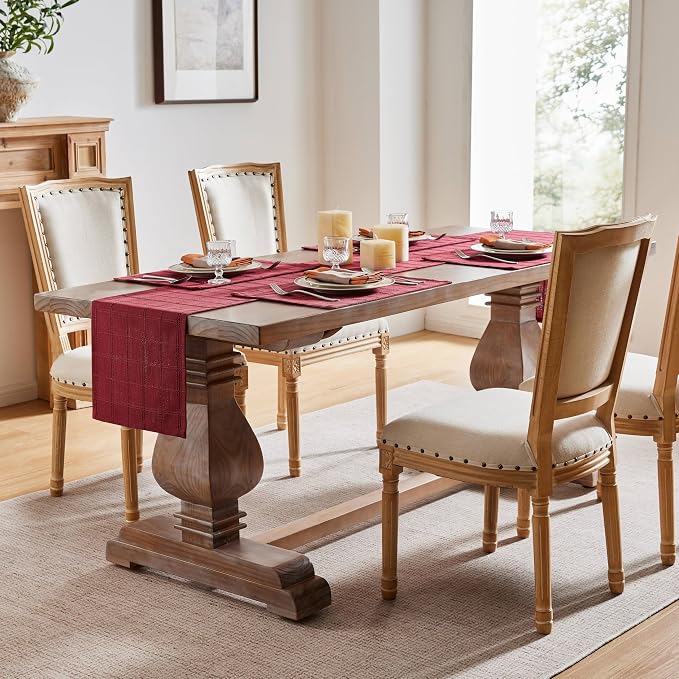 Linen Checked Farmhouse Table Runner, 13x72 Inches Burgundy | Raised Grid Design - Image 3