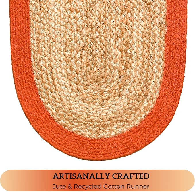 Verona Woven Jute & Cotton Table Runner, 13x36 Inches, Natural | Oval, Rust - Image 5