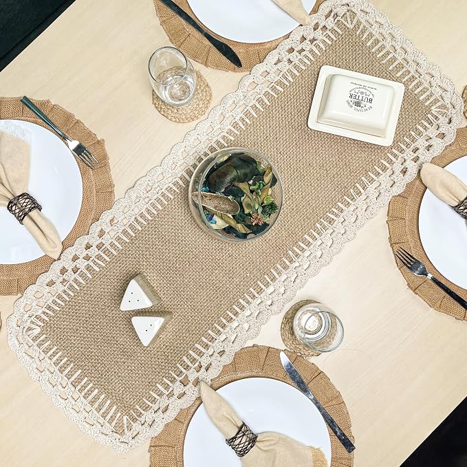 Woven Jute with Ivory Handcrafted Crochet Border Decorative Table Runner by ChardinHome