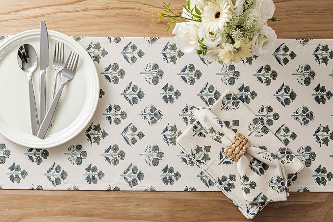 Block Print Floral Decorative Table Runners, 13x48 Inch Olive | 100% Organic - Image 4