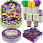 Kochorie 400 Pieces Mardi Gras Disposable Party Tableware Sets, Masquerade Table Decorations Including Plates Cups Napkins Cutlery Serves 50 for Carnival Birthday Mardi Gras Party Supplies