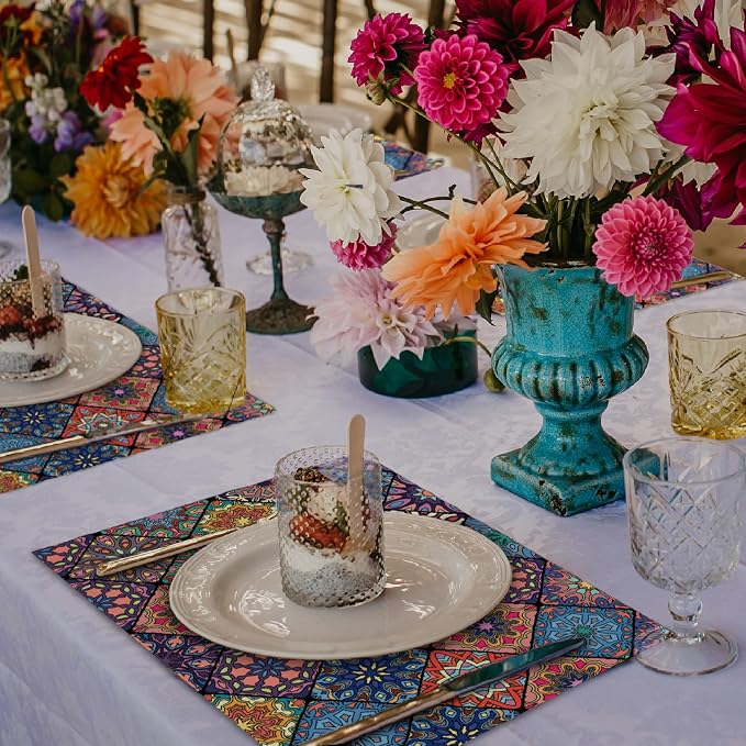 Boho Bohemian Placemats Set of 4, Line Table Mats | Vibrant Mosaic Print - Image 2