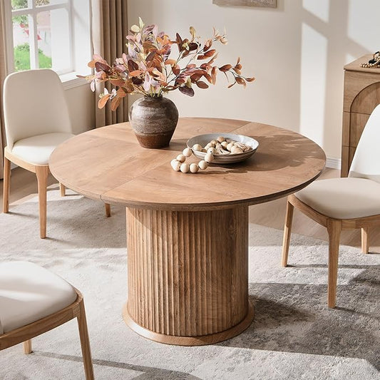 T4TREAM 47" Fluted Round Dining Table for 4-6, Mid-Century Modern Kitchen Table with Thickened Edge & Cylindrical Base for Dining Room, Kitchen, Living Room,Light Knotty Oak(Table Only)