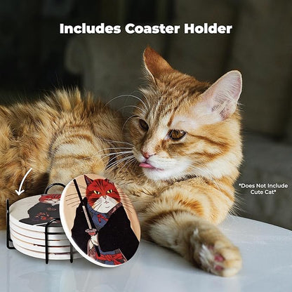 Gifts for Cat Lovers - Ninja Cat Coasters - Anime Cat Decor - Set of 6 Drink Coasters with Holder