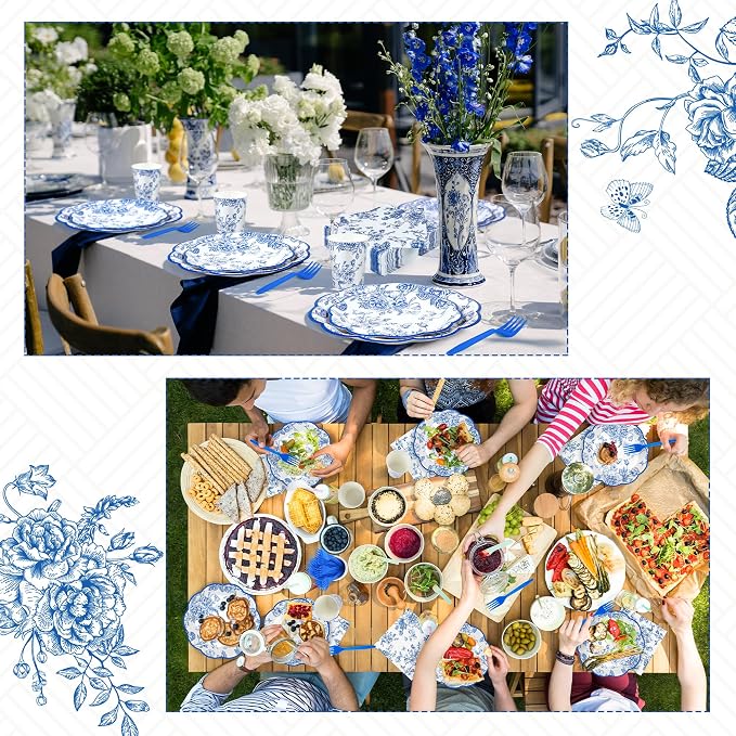 Kochorie 144 Pieces Blue Floral Paper Plates and Napkins Party Supplies - Image 6