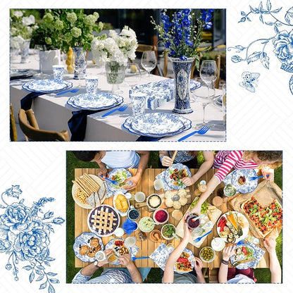 Kochorie 144 Pieces Blue Floral Paper Plates and Napkins Party Supplies - Image 6