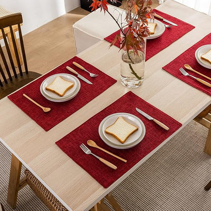 Kevin Textile Christmas Burlap Linen Placemats Set of 6 Heat Resistant Dining Table Place Mats Washable Kitchen Table Mats for Dinning Party Holiday Indoor Outdoor, 13 x19 inches, Burgundy