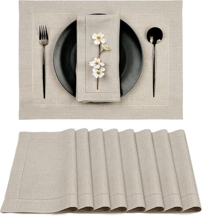 D'Moksha Homes Linen Placemats Set of 8 - Classic Hemstitch Natural Placemats 14 x 19 Inch - 100% Pure Linen Table Mats for Valentines, Spring, Easter - Handcrafted and Machine Washable