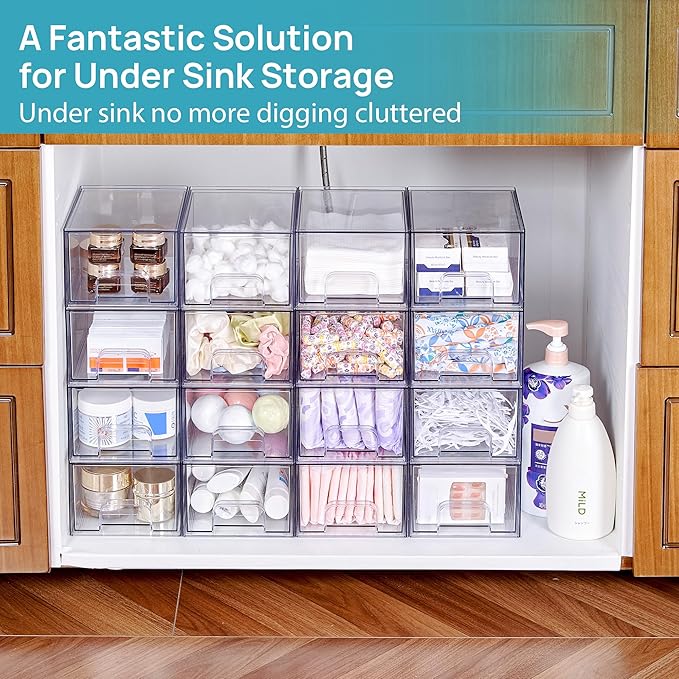 Vtopmart 2 Pack Small Clear Stackable Storage Drawers,Acrylic Bathroom Makeup Organizer,Plastic Storage Bins For Vanity, Undersink, Kitchen Cabinets, Pantry, Home Organization