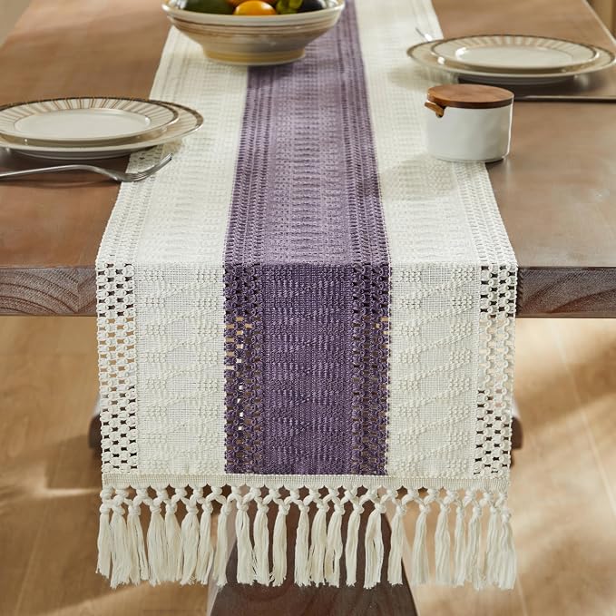 Macrame Style Bicolor Stitching Table Runner 14x108in Purple | Woven Boho Table - Image 3