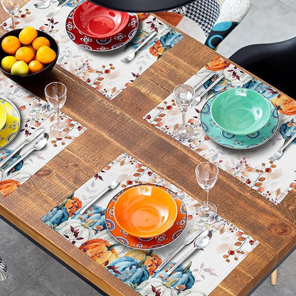 Fall Placemats for Dining Table Set of 4, Autumn Pumpkins Leaves Thanksgiving Harvest Washable Cloth Farmhouse Decorative Kitchen Table Mats 12x18 Inch for Seasonal Home Party Outdoor