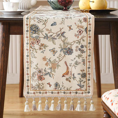 Designer French Linen Extra Long Table Runner, Floral Bird Pattern, Dining Table - Image 5